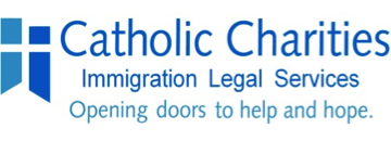 Catholic Charities logo and text "Immigration Legal Services: Opening doors to help and hope."